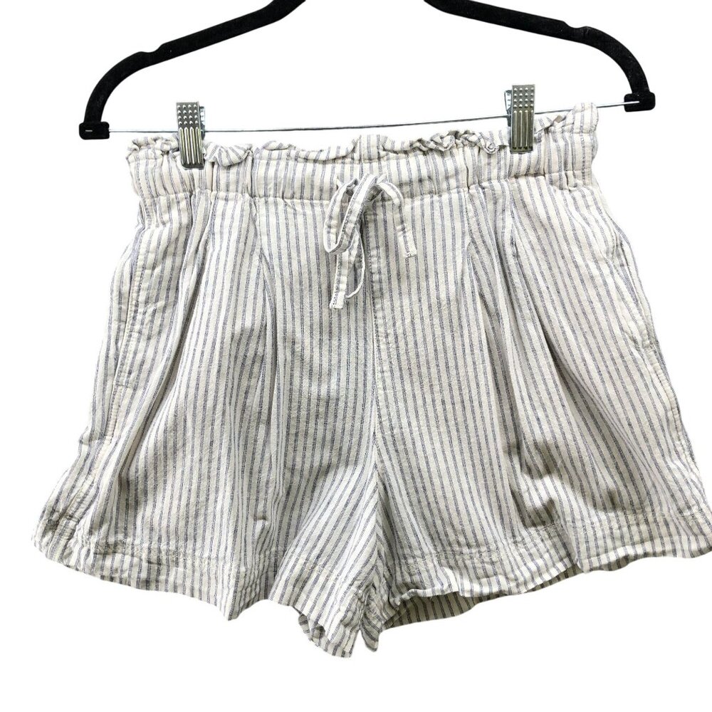 Uniqlo Linen Cotton Shorts Womens S Drawstring Highโ Waisted Pleated Front Blue